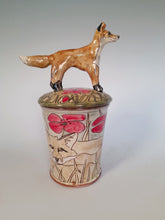 Load image into Gallery viewer, Fox store jar Earthenware decorated with  drawings of fox and little fox sculpture.
